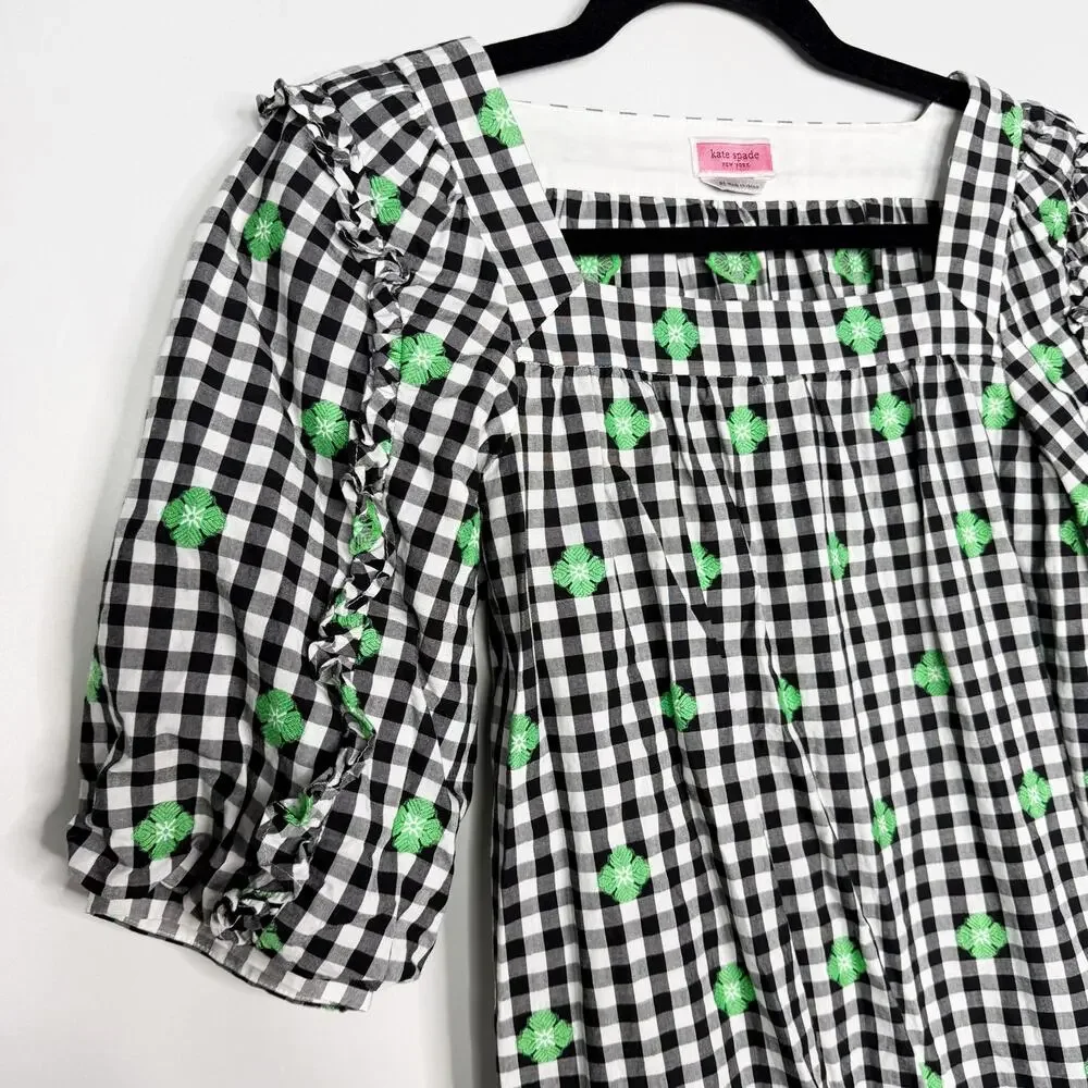 Kate Spade XS Black White Green Gingham Voile Blouse Puff Sleeves Square Neck